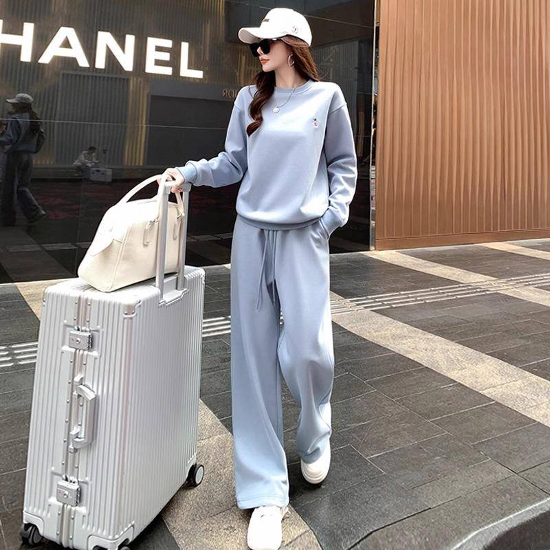 欧洲站休闲运动套装女2025新款春秋时尚洋气蓝色卫衣阔腿裤两件套