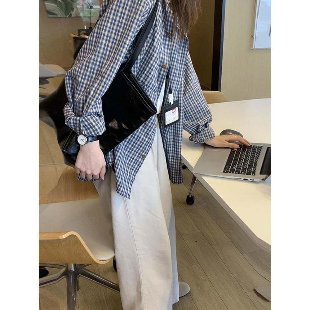 外搭蓝色格子衬衫女春秋季新慵懒风宽松长袖衬衣百搭显瘦外套上衣