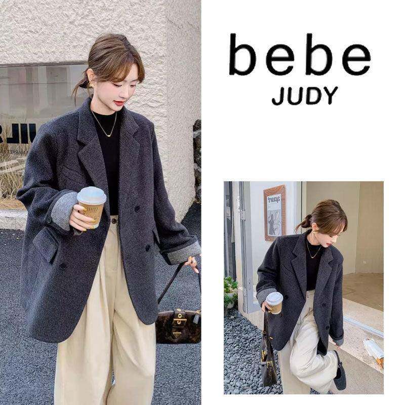 bebe judy~灰色西装羊毛呢外套女冬内胆白鸭绒高级感气质加厚大衣