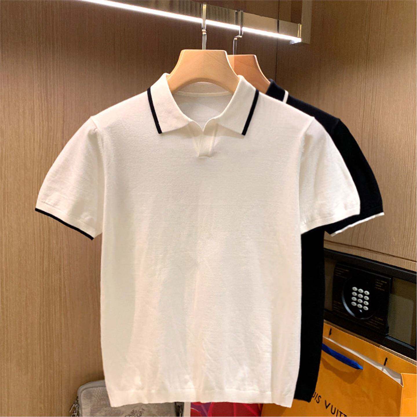 夏季新款轻奢海鸥领polo衫韩版休闲白色针织上衣翻领t恤男士短袖