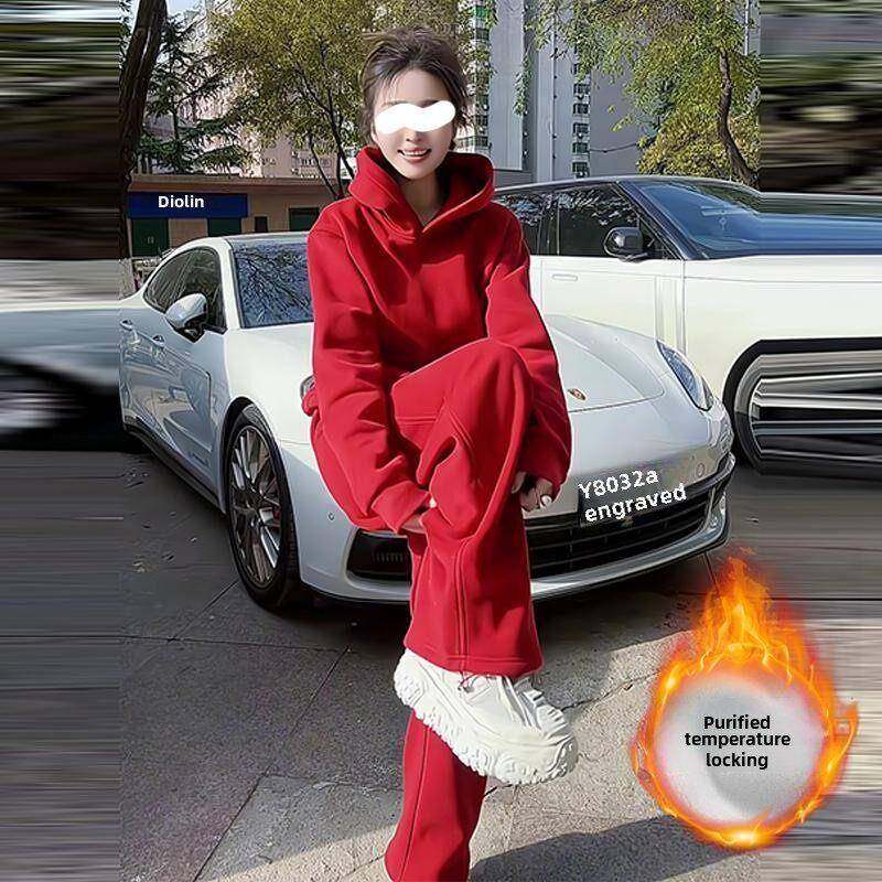 香港冬装爆款红色连帽卫衣阔腿长裤加绒两件套女本命年过年运动服,女装/女士精品,时尚套装,淘宝优惠券,粉丝福利购,淘宝优惠卷
