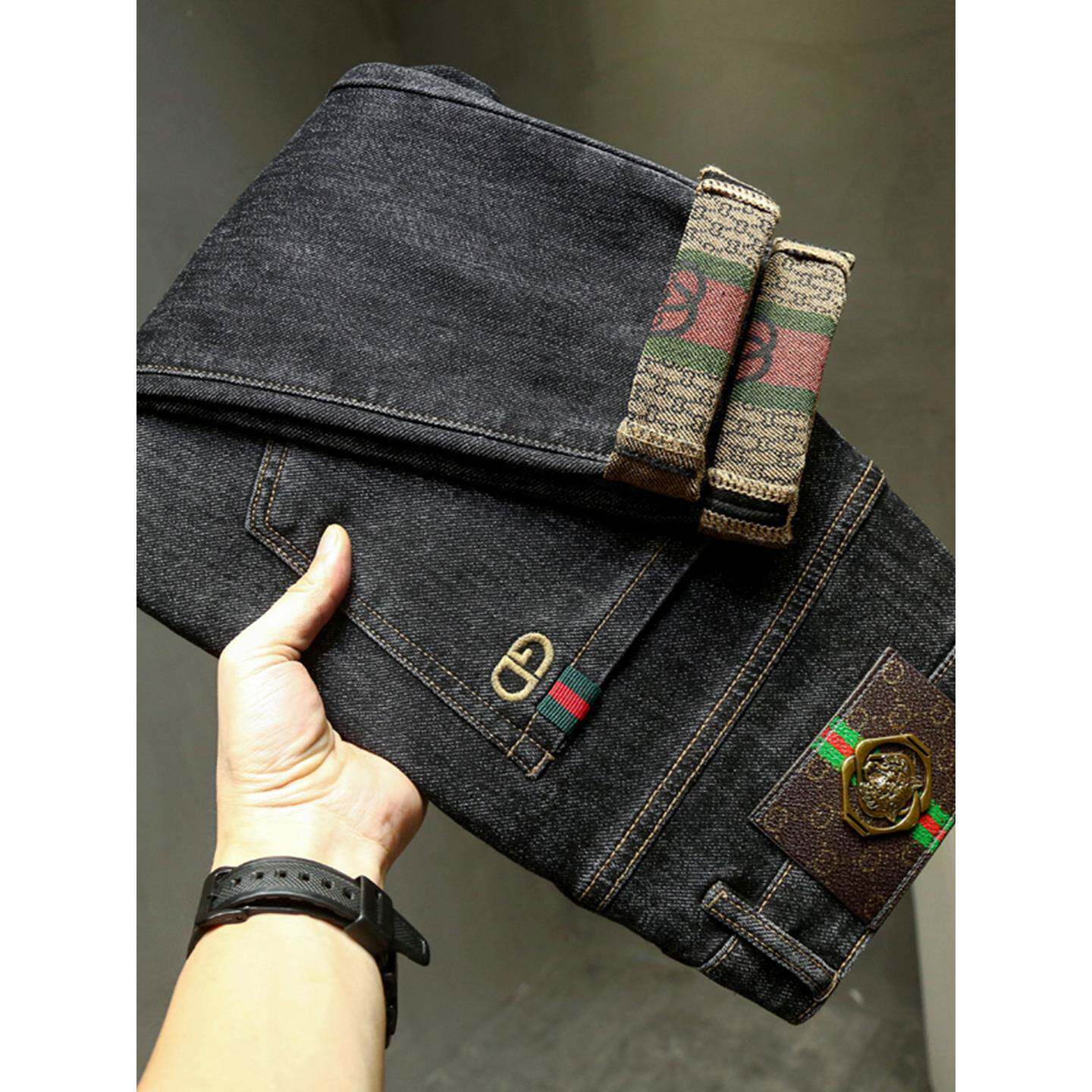 欧洲站轻奢黑灰色牛仔裤男士2025秋冬加绒弹力修身小脚休闲长裤子