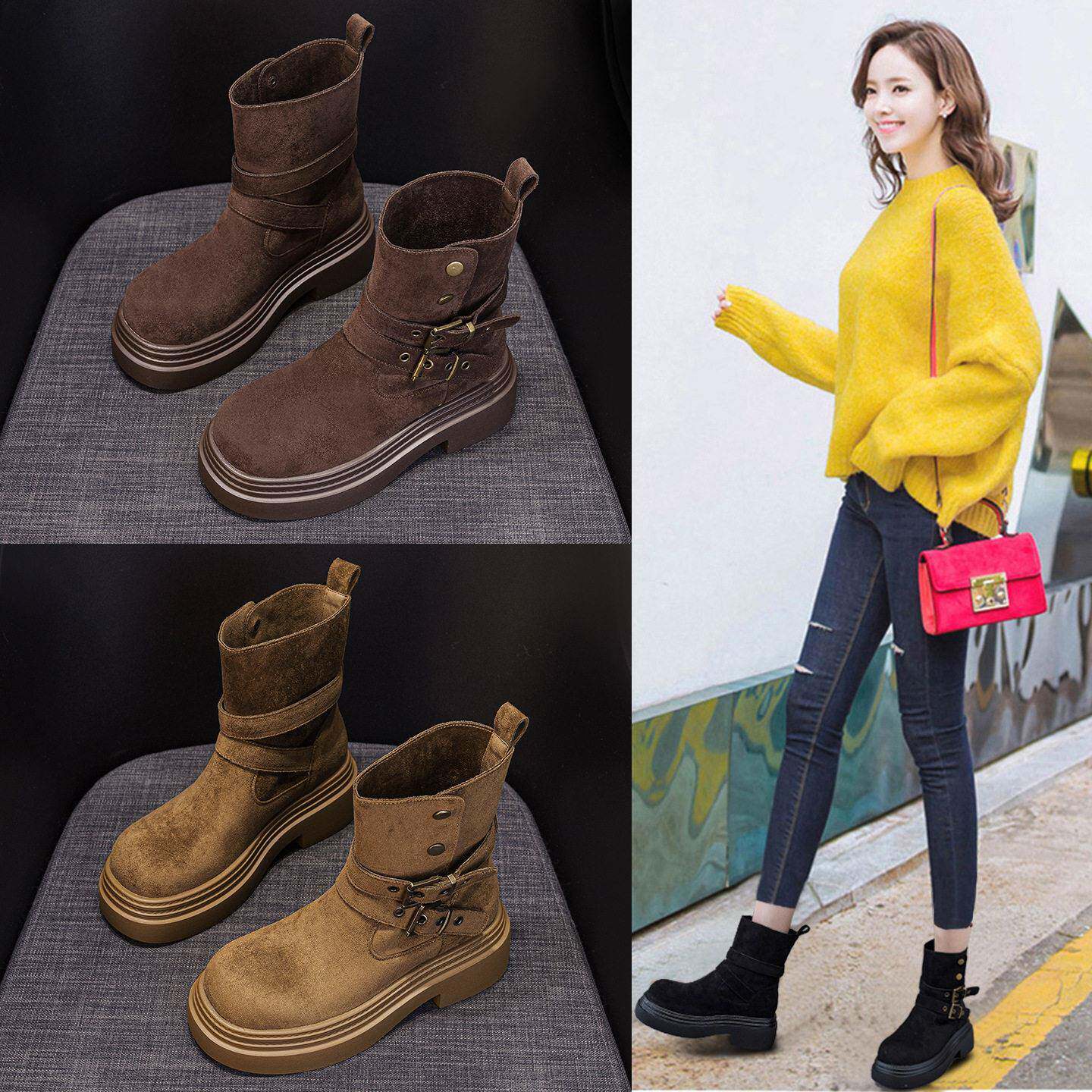 香港小个子厚底马丁靴女2025春秋新款英伦风中筒靴翻领两穿机车靴