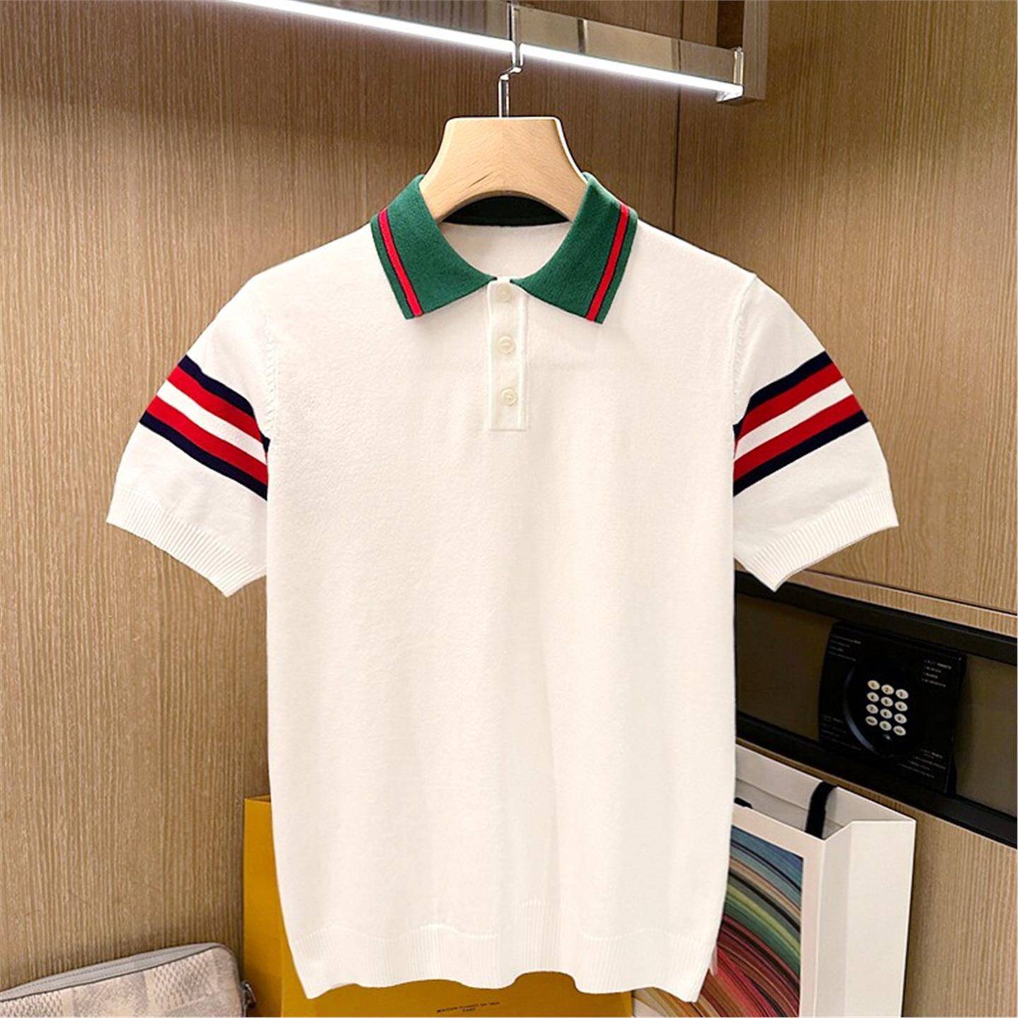法式轻奢时尚商务修身男士短袖T恤夏季拼色翻领上衣针织polo衫男