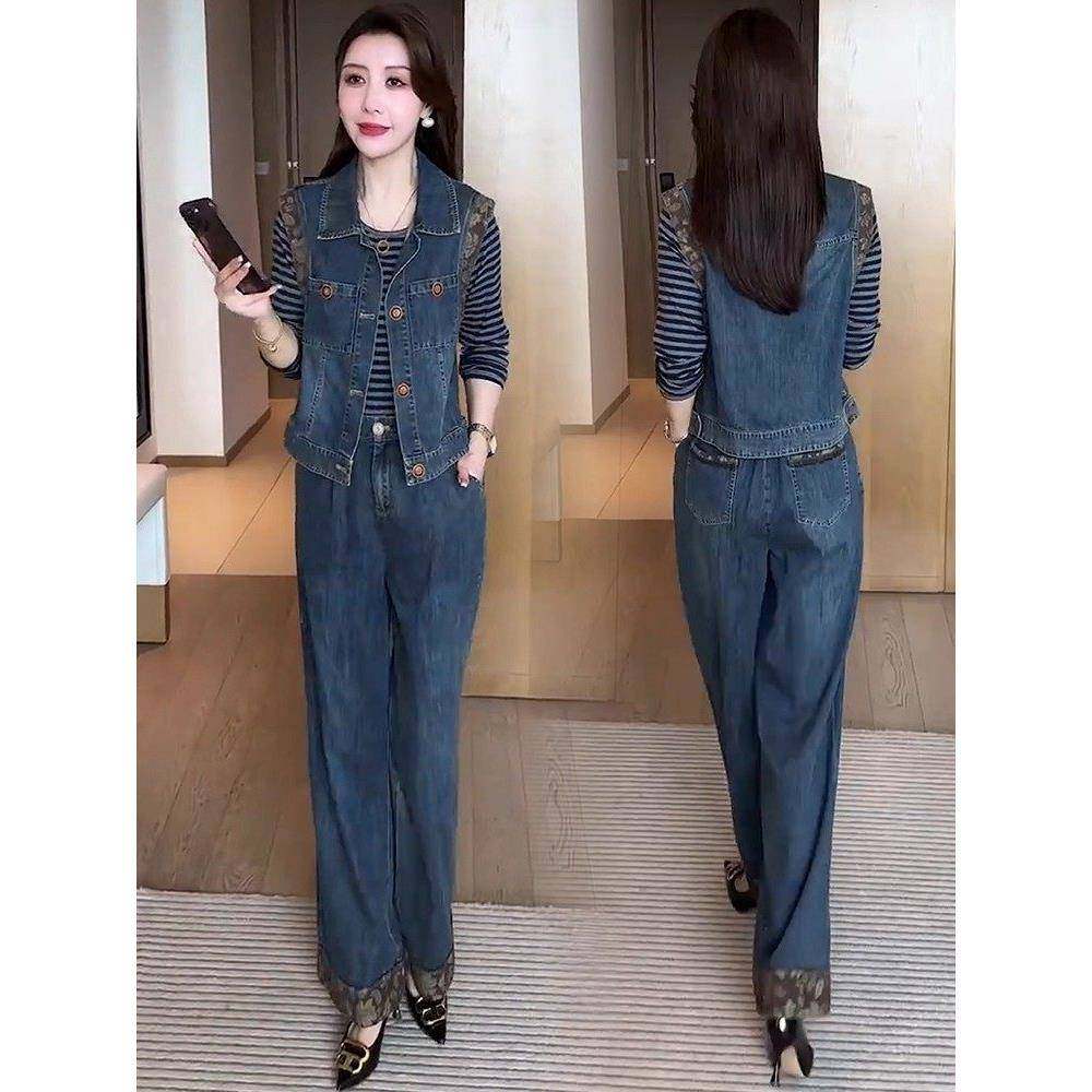 香港代购时尚牛仔套装女秋季新款显瘦马甲打底衫阔腿裤休闲三件套,女装/女士精品,时尚套装,淘宝优惠券,粉丝福利购,淘宝优惠卷