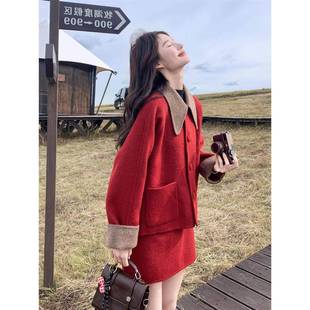 Ocnltiy红色复古小香风双面呢套装裙女冬法式洋气减龄短裙两件套