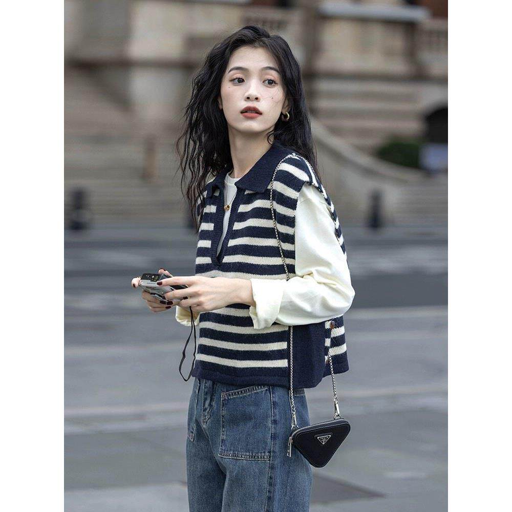 经典色块条纹~ 100纯羊绒无袖针织衫分层背心背心女外套Polo领针