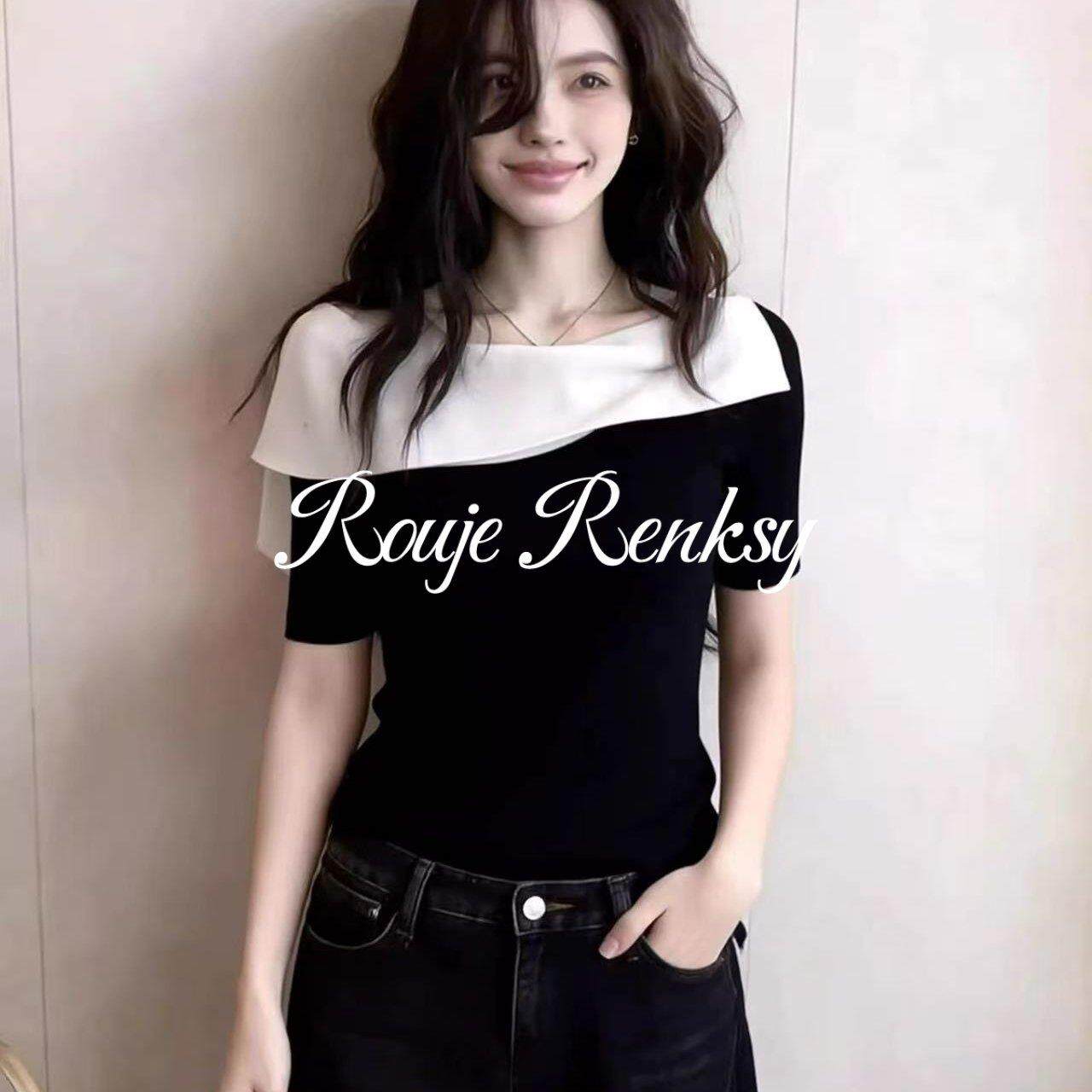 法国Rouje Renksy法式撞色拼接短袖T恤女夏季设计感百搭黑色上衣