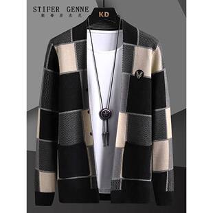 斯蒂芬格子V领针织开衫男春秋季2025新款高级感休闲男士毛衣外套