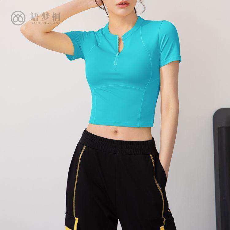 夏季半拉链运动短袖修身健身服瑜伽上衣短款休闲透气训练T恤速干