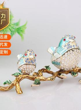 合金珐琅彩工艺镶钻摆件母子相思鸟轻奢首饰盒家居桌面装饰礼品
