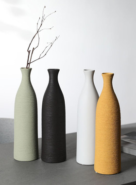 现代简约黑白色拉丝陶瓷花瓶 侘寂风客厅桌面插花器软装饰品摆件