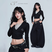 华丽银条 跳舞上衣爵士紧身短款 露脐时尚 CV新广场舞潮牌 长袖 上衣