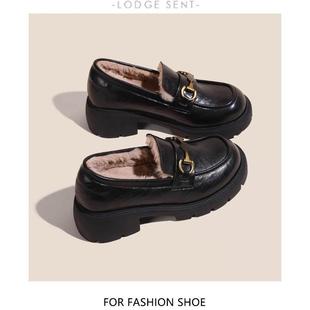 小皮鞋 香港真皮内增高女式 秋冬黑色英伦风格 2025新款 羊毛衬 乐福鞋