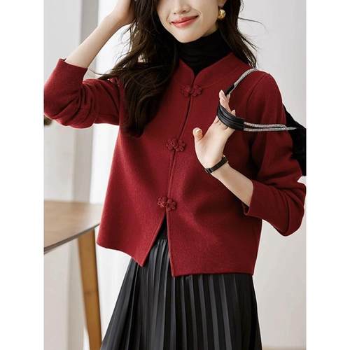 RAGR 中式唐装设计感纯羊毛开 衫秋冬新款 高级红色针织衫毛衣外