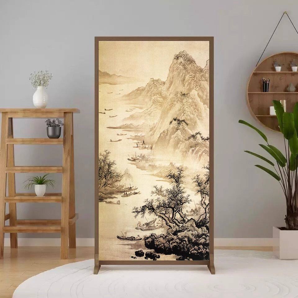 新中式简约现代隔断入户布艺遮挡客厅木质屏风玄关装饰移动座屏