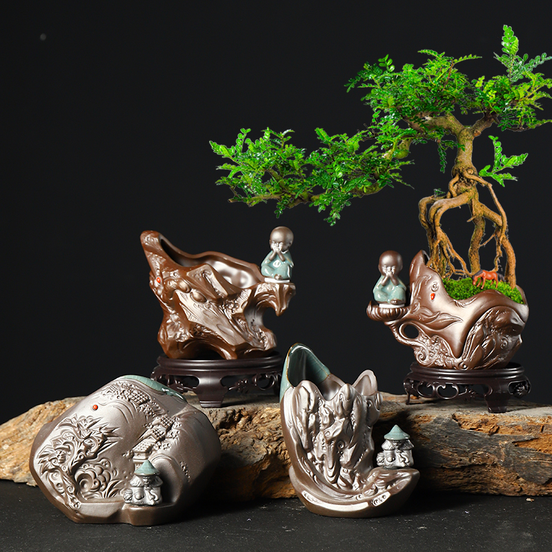 紫砂胎哥窑中式古典浮雕艺术花盆