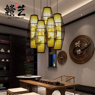 新中式 禅意竹编灯餐厅茶楼农家乐复古鸟笼吊灯 仿古竹艺灯笼日式