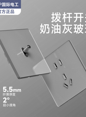 国际电工86型超薄灰色钢化玻璃复古拨杆16A家用5五孔开关插座面板