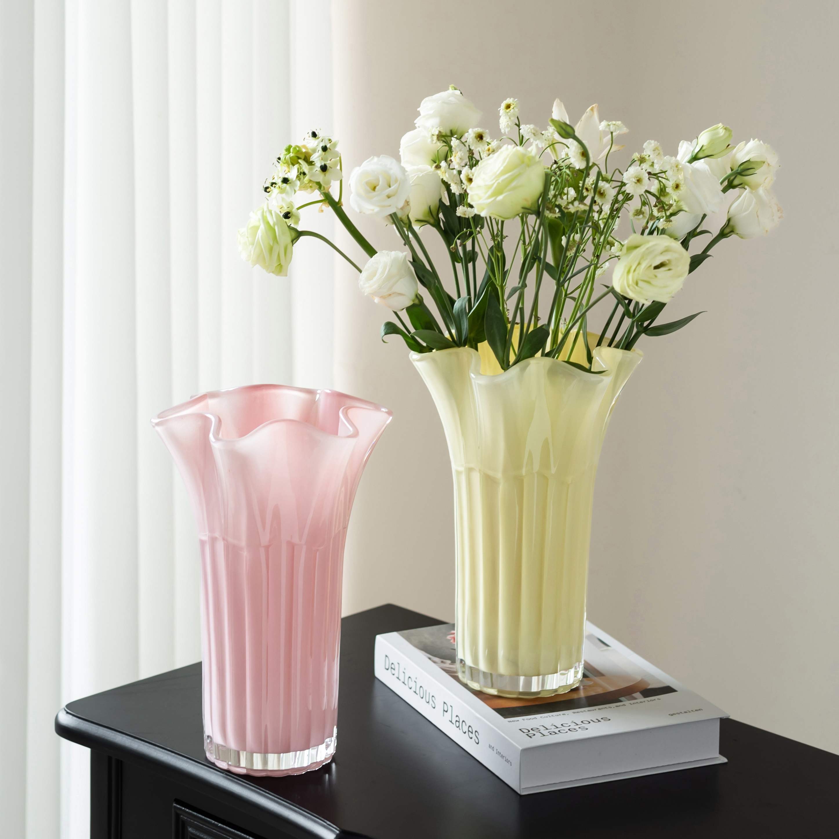 创意简约奶油风花瓶高级感玻璃粉色客厅插花水培鲜花餐桌装饰摆件