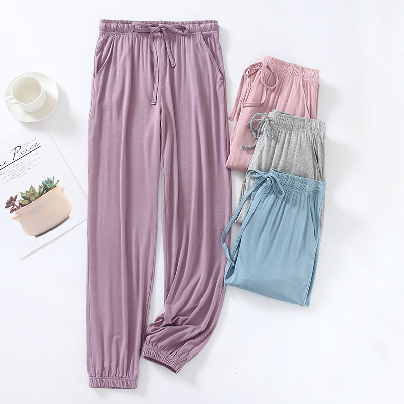 睡裤女长裤莫代尔夏季束脚薄款纯色加大码小脚宽松空调裤家居裤
