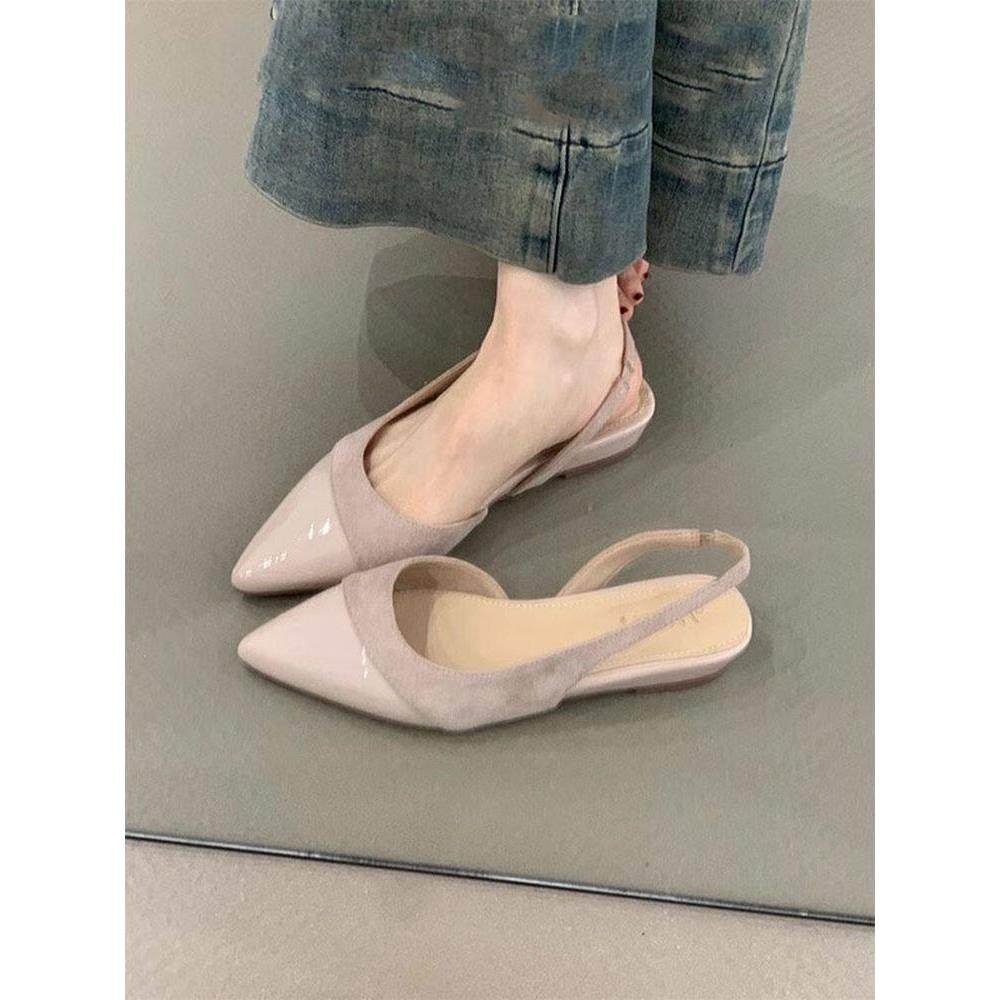 英国真皮裸色尖头凉鞋女士夏季外穿2025新风格法式风格包头平底鞋