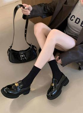 潮牌真皮厚底黑色小皮鞋女英伦风2025秋冬新款通勤乐福鞋粗跟单鞋
