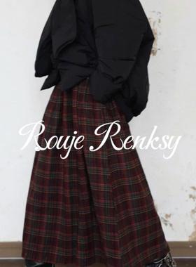 法国rouje renksy法式覆古暗红色格纹半身裙女秋冬毛呢大摆伞裙
