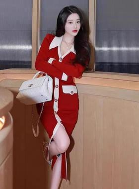 欧洲站秋装2025新款轻奢时尚洋气红色聚会宴会新年战袍针织连衣裙