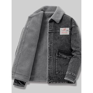 棉袄 牛仔外套高端男士 羊羔绒棉衣男冬季 加绒加厚翻毛领夹克春秋款