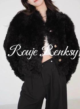 法国rouje renksy法式复古加厚黑色羊羔毛外套女秋冬宽松软糯上衣