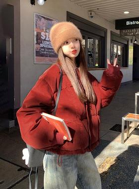 Lusam 红色短款灯芯绒羽绒服女2025冬季新款加厚保暖白鸭绒面包服