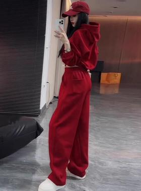 TOUCH MISS休闲运动套装女秋冬洋气潮流红色连帽卫衣阔腿裤两件套