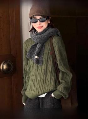 Rouje tusse覆古圣诞绿色麻花羊绒毛衣女秋冬款慵懒风羊毛针织衫