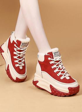 香港红色高帮鞋女加绒保暖2025年新款冬季内增高棉鞋洋气百搭短靴