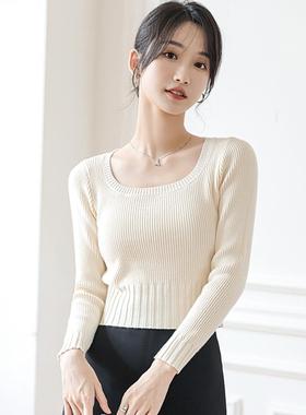 Mere Kore方领针织衫女2025秋冬新款修身高腰内搭短款长袖上衣白