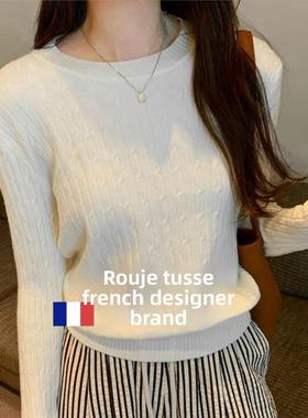 Rouje tusse白色麻花羊毛针织打底衫女秋冬圆领内搭外穿羊绒毛衣