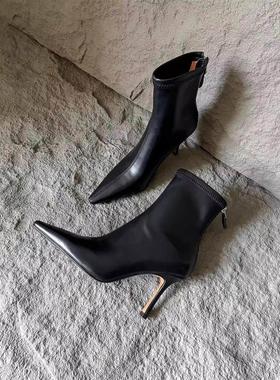 Craes Kally是简单和时尚！尖头细高跟鞋短靴的妇女，法国风格秋