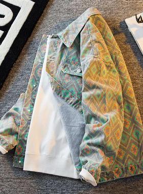 牛仔外套男秋冬季潮牌痞帅高级感加绒百搭印花男士休闲夹克衣服男
