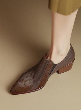 A.D Hepburn~马毛深口单鞋女2025秋冬新款法式中跟粗跟尖头及踝靴