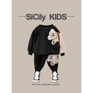 秋冬新款 男宝加绒套装 洋气卡通可爱一体绒卫衣两件套 Kids SiCily