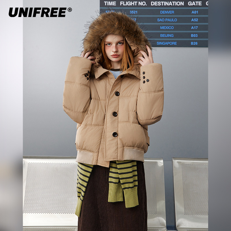 【昕怡专属】UNIFREE美拉德短款棉服大毛领加厚U244O060V1B1