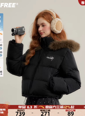 UNIFREE黑色短款羽绒服新款毛领小个子冬季保暖加厚洋气质感外套