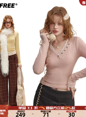 UNIFREE珠地棉针织长袖T恤粉色v领蕾丝边法式纯欲修身显瘦打底衫