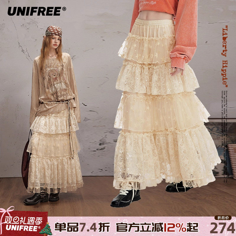 UNIFREE蕾丝长款半身裙