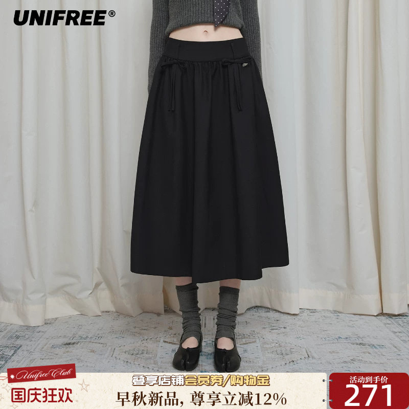UNIFREE加厚西装半身裙女蓬蓬裙蝴蝶结千金风花苞裙摆中长款A字裙