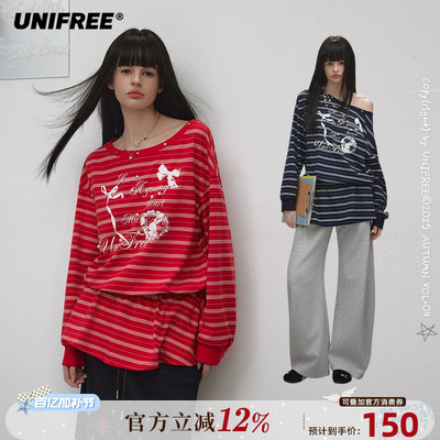 UNIFREE美式条纹斜肩长袖T恤