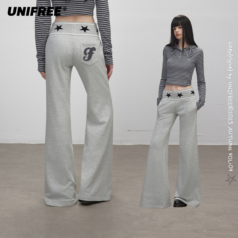 UNIFREE灰色休闲运动微喇裤25年秋星星腰头美式辣妹阔腿拖地卫裤