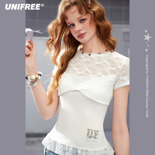 【昕怡粉丝专享】UNIFREE白色蕾丝拼接短袖T恤女夏季U262G609G1G1