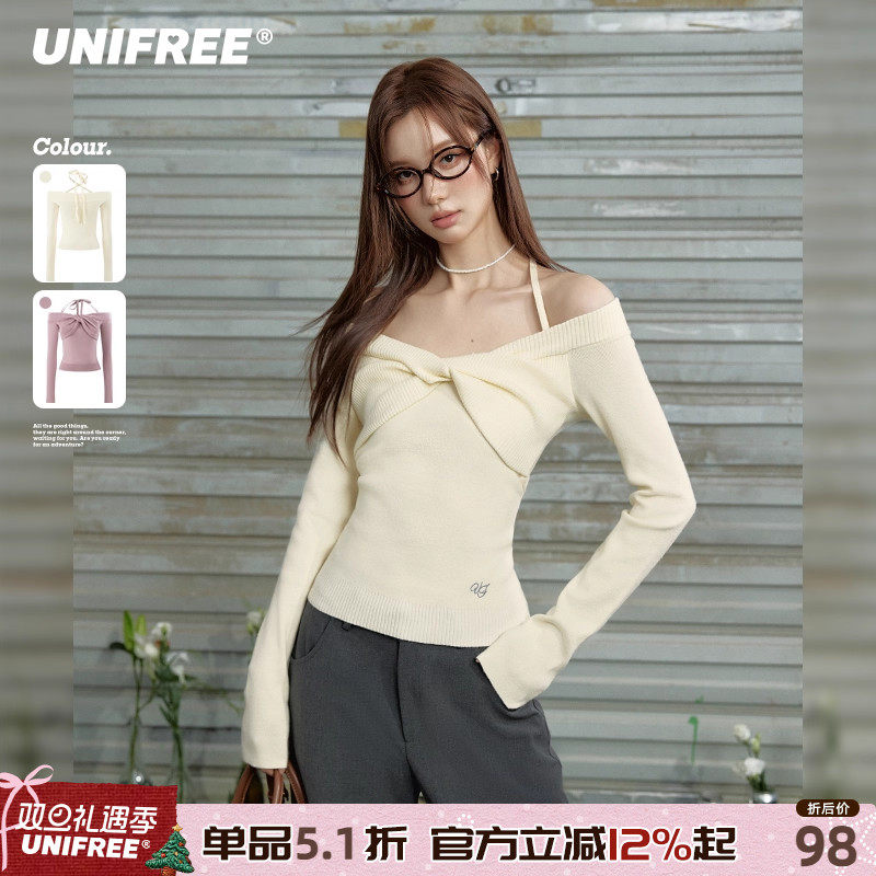 UNIFREE纯欲一字肩毛针织衫